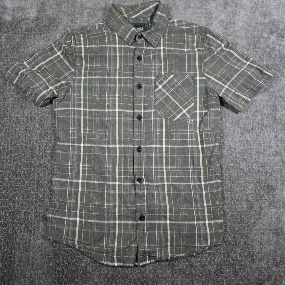 O'Neill Mens Small Short Sleeve Plaid Button Up Shirt Grey Green Punk Skate Surf